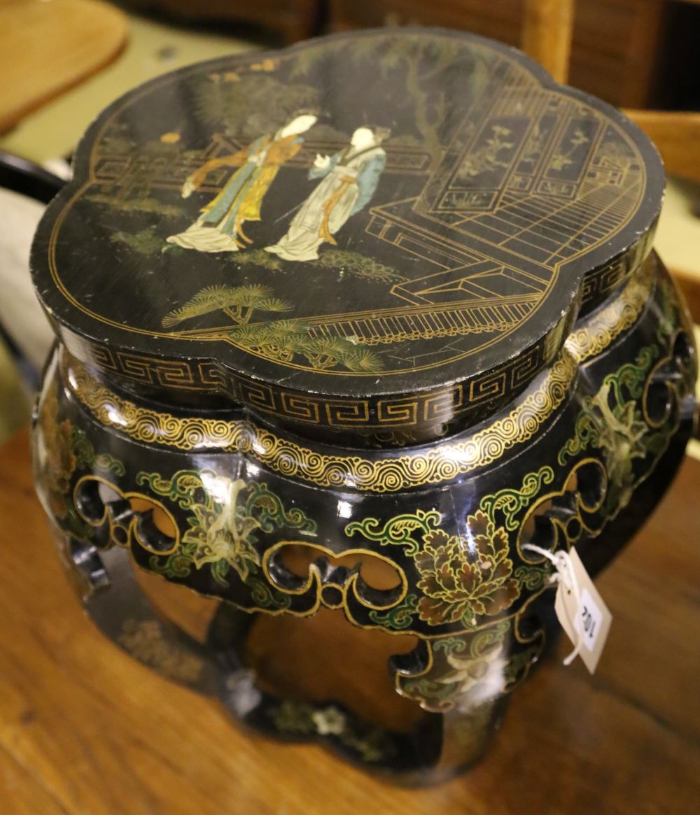 A Chinese black-lacquered and painted jardiniere stand, width 42cm, height 46cm